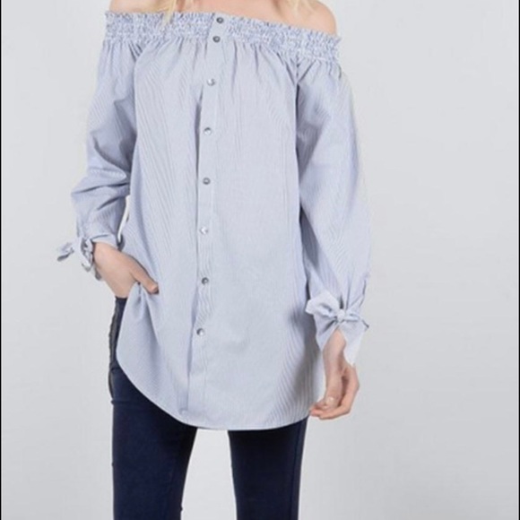 NWT Off Shoulder Blue Stripe Tunic - Picture 1 of 5